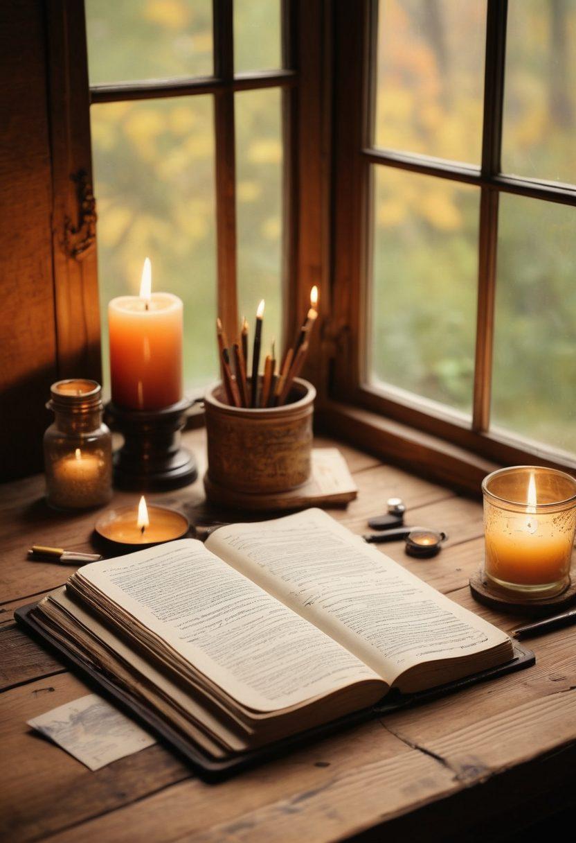 A vintage-style journal open on a rustic wooden table, surrounded by colorful ink pens and a softly glowing candle. Above the journal, an ethereal clock with swirling time elements, symbolizing the passage of time and reflection. Soft, warm light illuminates the scene, enhancing a sense of inspiration and creativity. Cozy background with nature visible through a window, blending the themes of nature and introspection. painting. warm colors. vintage aesthetic.