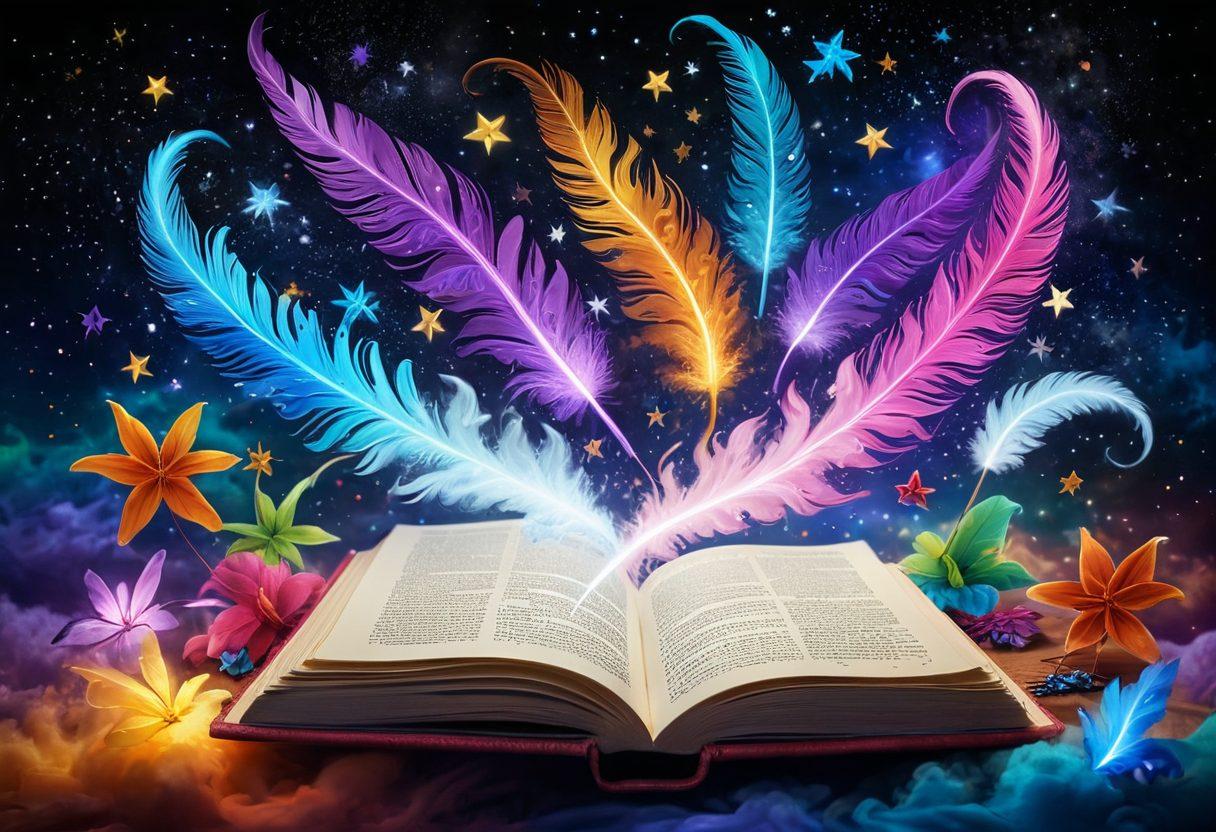 A whimsical scene featuring an open diary with colorful pages, surrounded by dramatic theatrical masks that represent various emotions. Nearby, a quill pen hovers above, sparkling with inspiration, while mystical elements like stars and clouds swirl in the background, symbolizing the power of storytelling. The overall color scheme should be vibrant and enchanting, creating an inviting, imaginative atmosphere. super-realistic. vibrant colors. fantasy background.