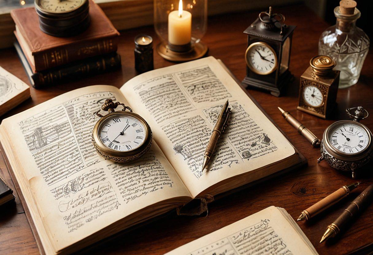 A beautifully styled open journal with elegant handwritten notes and sketches, surrounded by an assortment of vintage clocks, each showing different times, symbolizing the passage of time. A warm light filtering in through a nearby window, enhancing the nostalgic vibe. Include a quill pen and ink bottle for a classic touch. super-realistic. warm colors. soft focus.